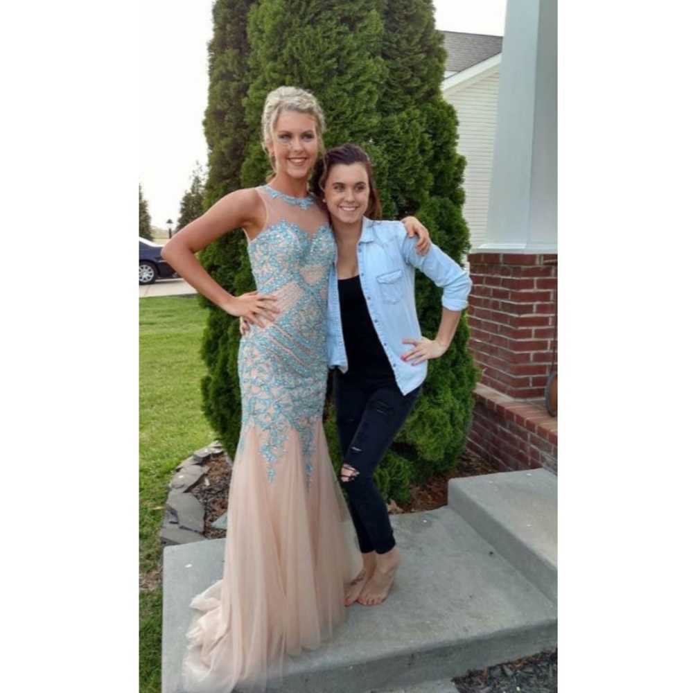 Sparkle Aqua & Tan Mermaid Sleeveless Prom Pageant Gown